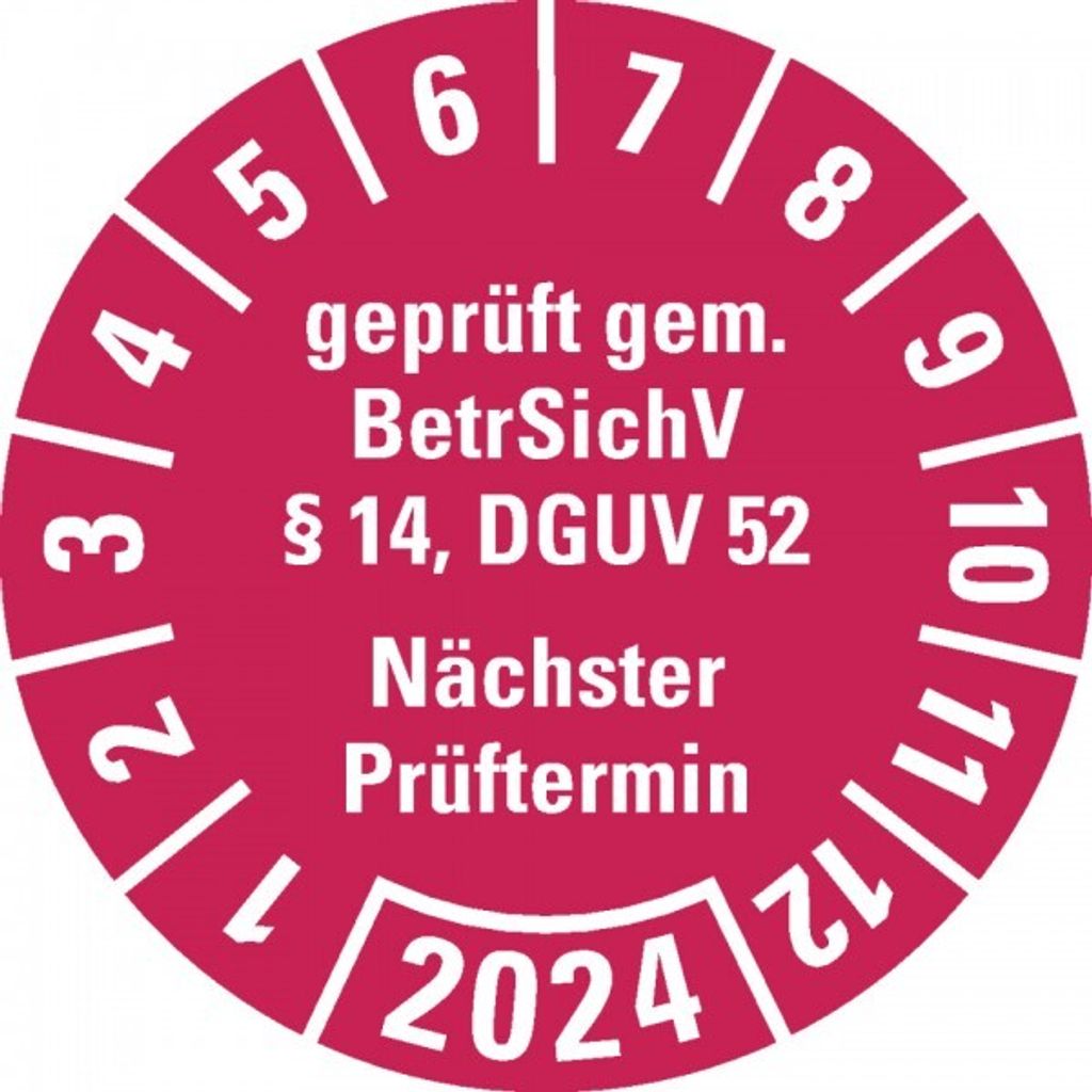 Dreifke Prüfplakette BetrSichV §14, DGUV52, Nächster Prüftermin, 2024, rot, ...