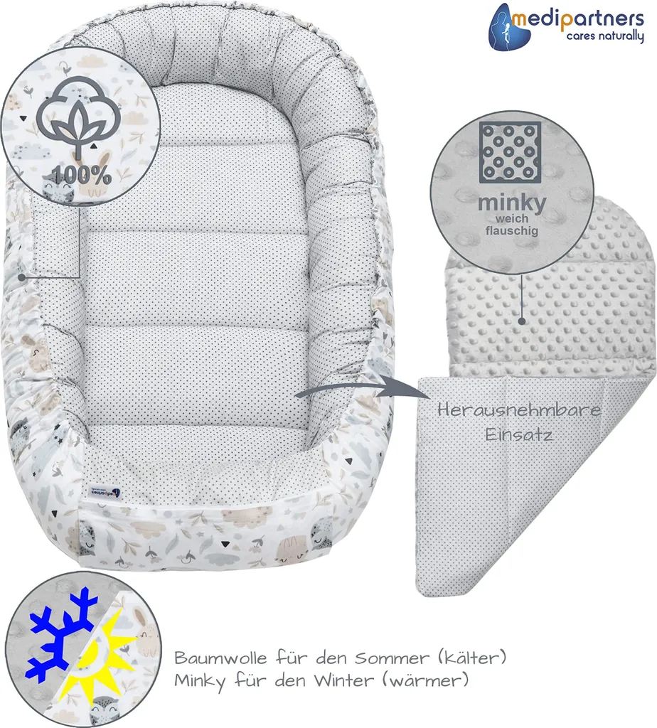 Cocon bébé réversible minky gris et coton doux, format 100 x 60 cm - 7