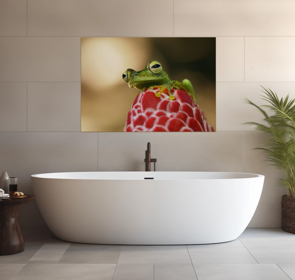 Wallario wasserfestes Poster selbstklebend 70 x 100 cm, Frosch sitzt auf einer Knospe, Badezimmerposter Spritzschutz mit Hochglanzoberfläche in Gl...
