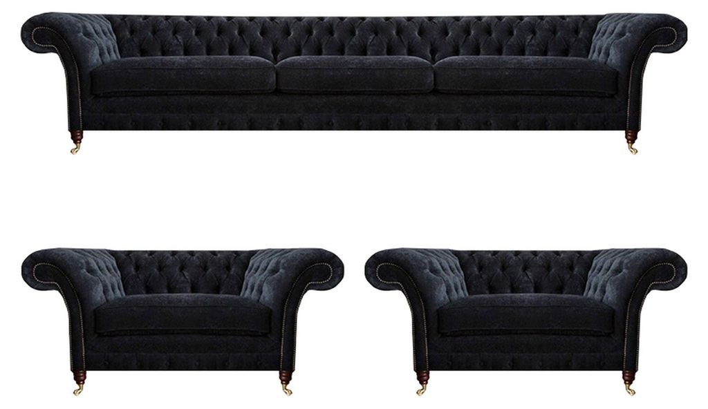 Edle Schwarze Chesterfield Wohnzimmer Sitzgarnitur Dreisitzer Sessel