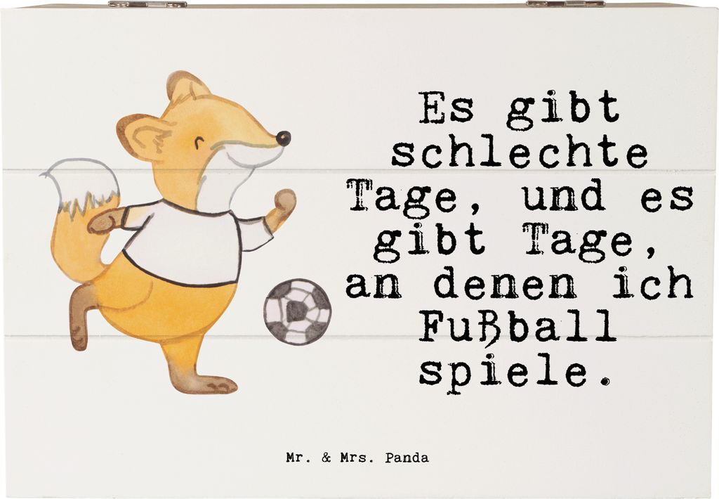 Mr. & Mrs. Panda Truhe Fuchs Fußball spielen 22 x 15 cm - Weiß - Geschenk, Fußballerin, Schatzkiste, Holzkiste, Bolzplatz, Fußballer, Soccer, B...