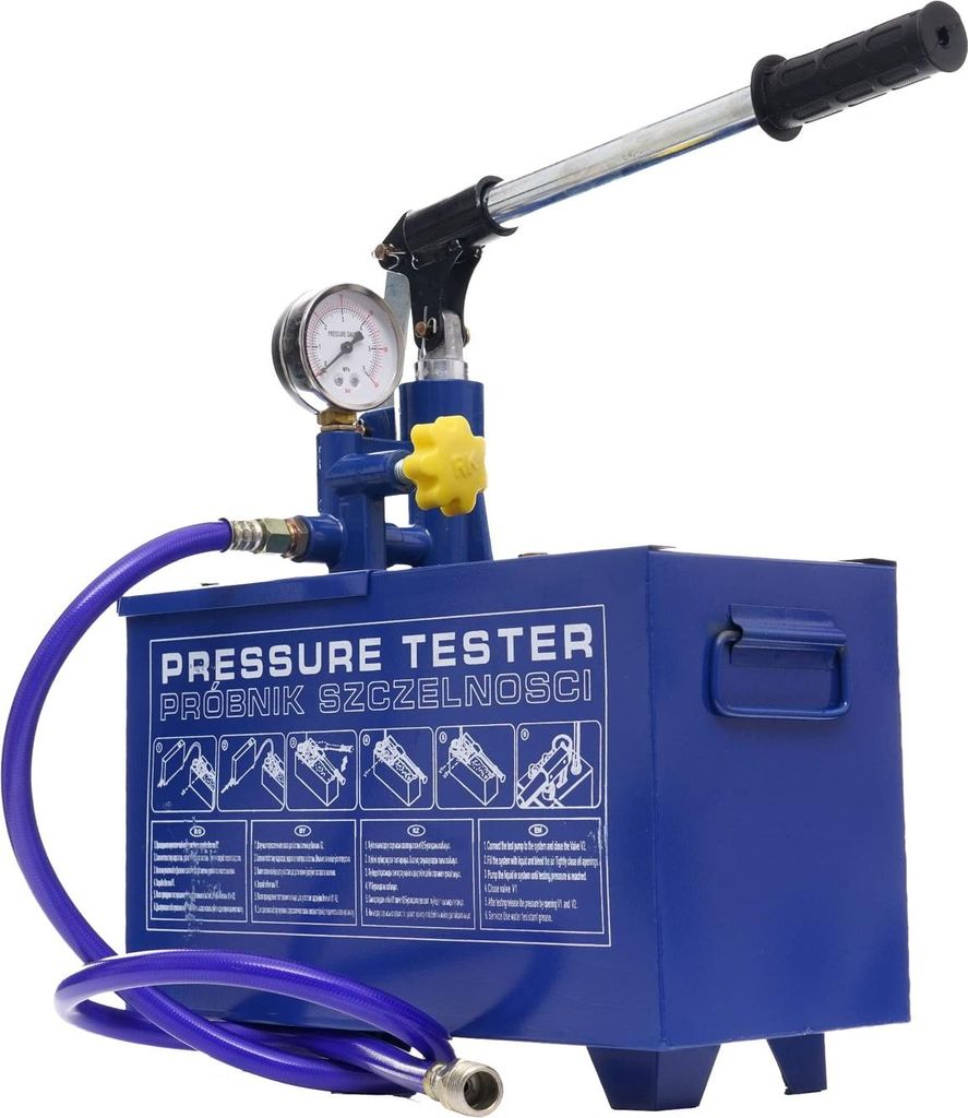 A blue pressure tester pump with a gauge and a handle, set against a white background.