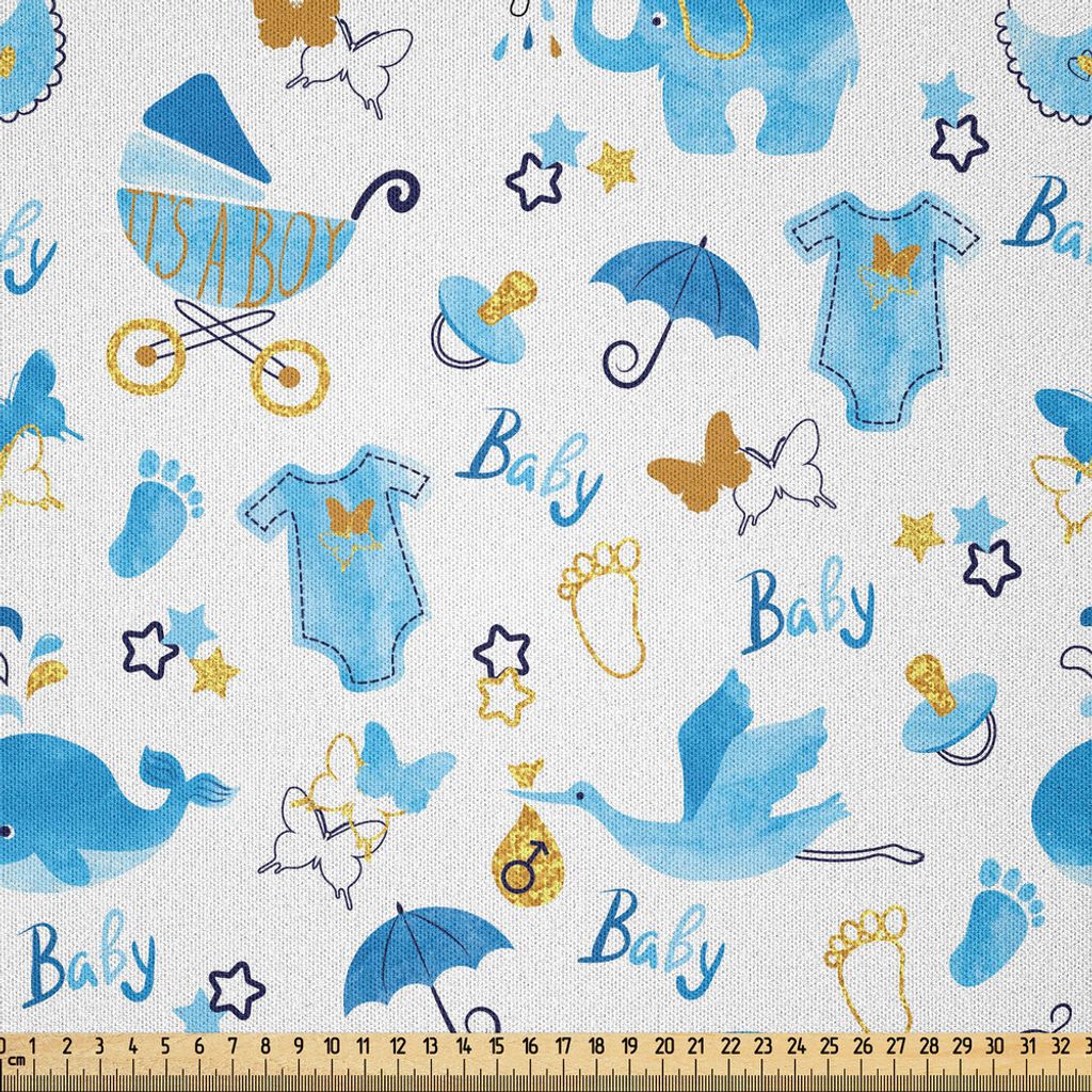 ABAKUHAUS Baby Microfaser Stoff als Meterware , Es ist ein Junge Storch, der ein Baby-Elefant-Kleidung-Schmetterlings-nette Symbol-Druck trägt, 1 ...