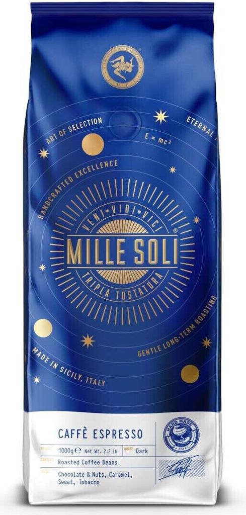 Mille Soli Caffè Espresso 1kg - Kaffeebohnen in Sizilien traditionell Handgeröstet - dunkle Röstung -Schokoladig - Nussig - 1000g ganze Bohnen