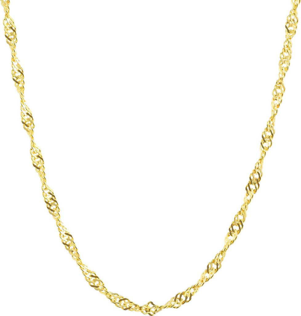A close-up studio shot of a gold chain on a white background.