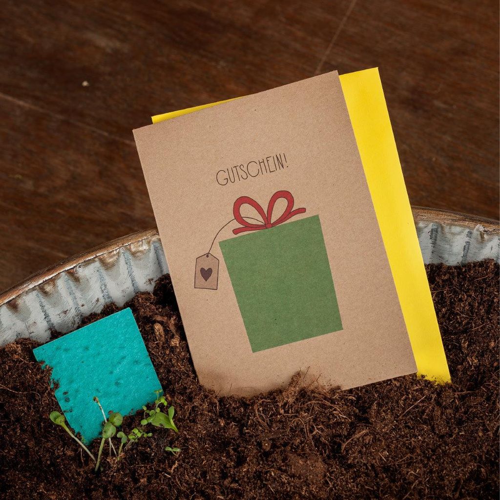 Grußkarte „Gutschein“ – Pflanzbare Karte mit Blumensamen – Nachhaltige Geschenkverpackung für Gutscheine – Klappkarte mit Platz für Wi...
