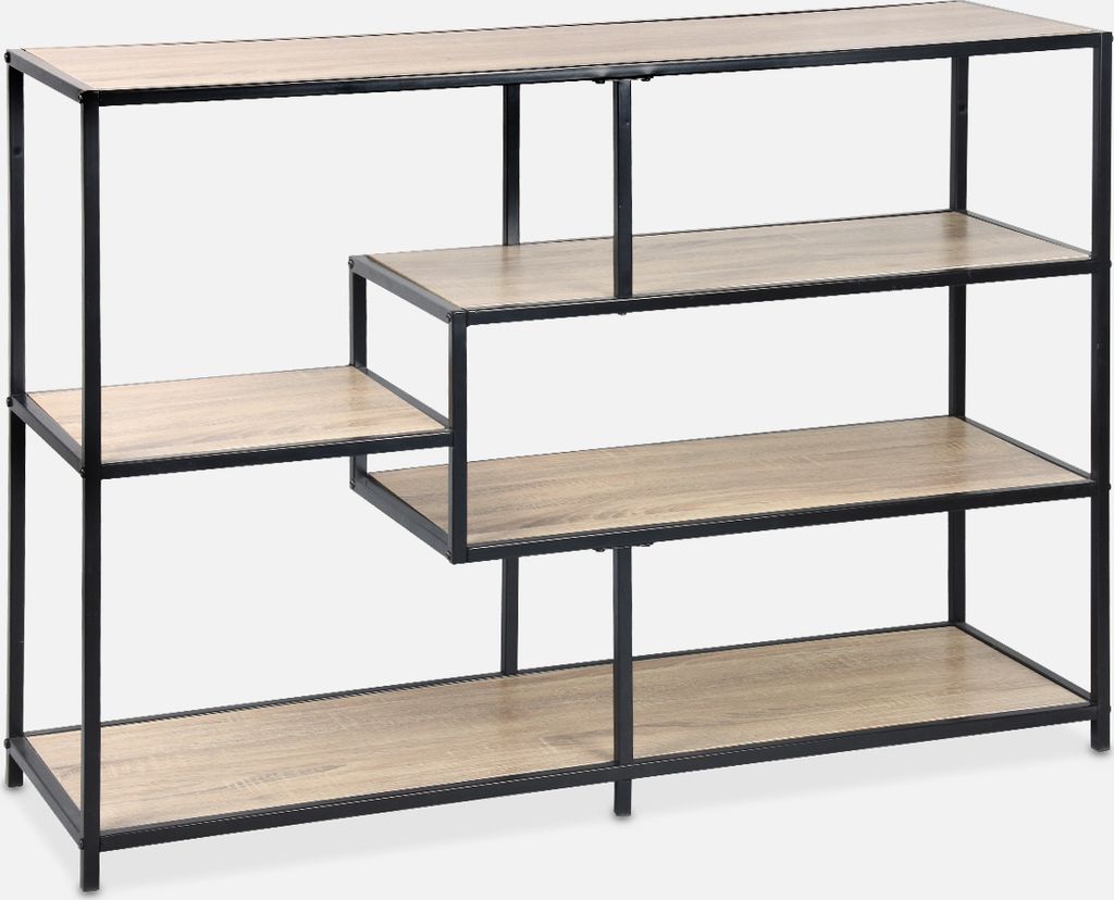 A product shot of an asymmetrical shelf unit with a metal frame and wood-look shelves against a light gray background.