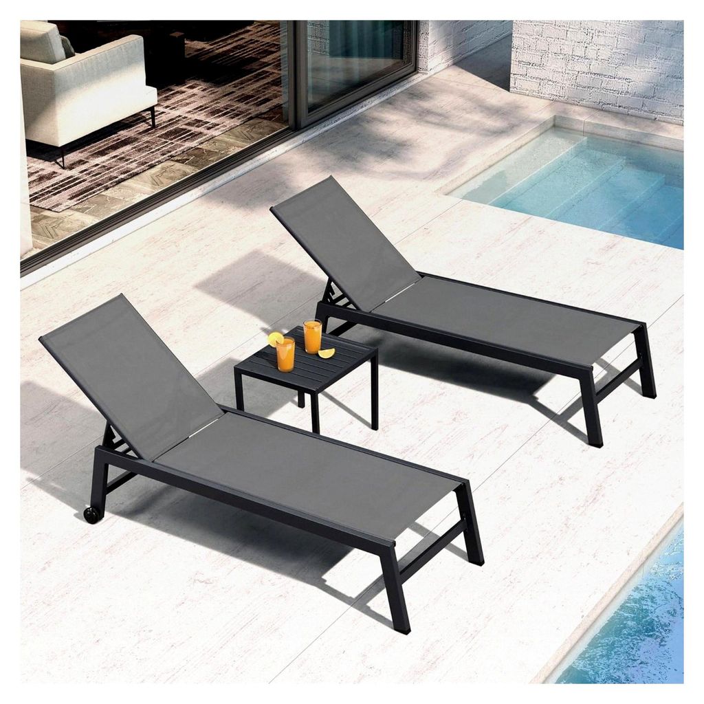 2er-Set Gartenliege aus Aluminium, Sonnenliege mit Rollen, verstellbarer Liegestuhl, wetterfest, robust, belastbar bis 150 KG, Grau