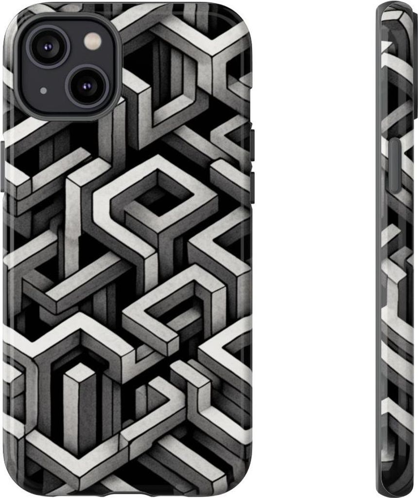 Monochrome geometrisches 3D-Illusionsmuster – Hülle Kompatibel mit iPhone 14 Plus