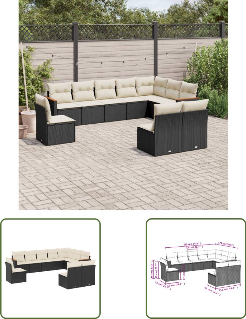 The Living Store 10-tlg. Garten-Sofagarnitur mit Kissen Schwarz Poly Rattan