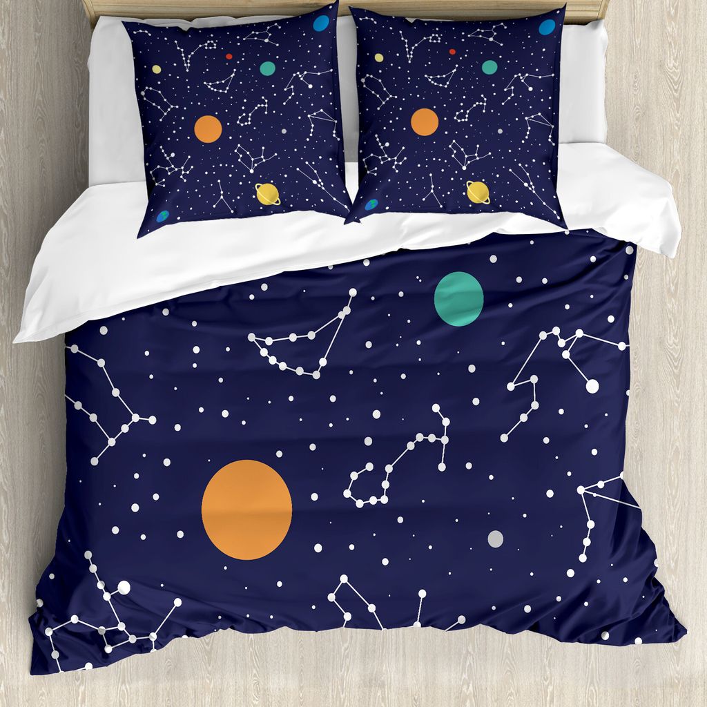 ABAKUHAUS Konstellation Bettbezug, Zodiac Planets, Milbensicher Allergiker geeignet mit Kissenbezügen, 200 cm x 200 cm - 80 x 80 cm, Mehrfarbig