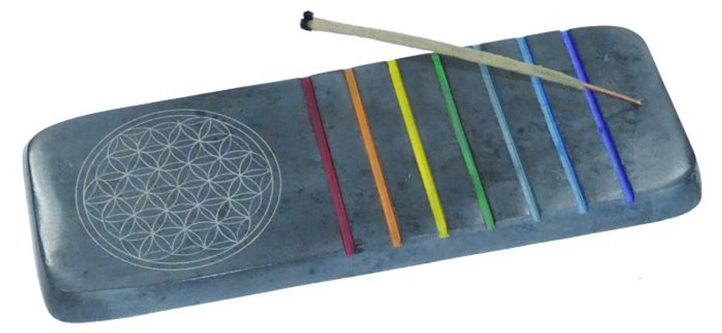 Räucherhalter aus Speckstein in den Chakra Farben mit der Blume des Lebens