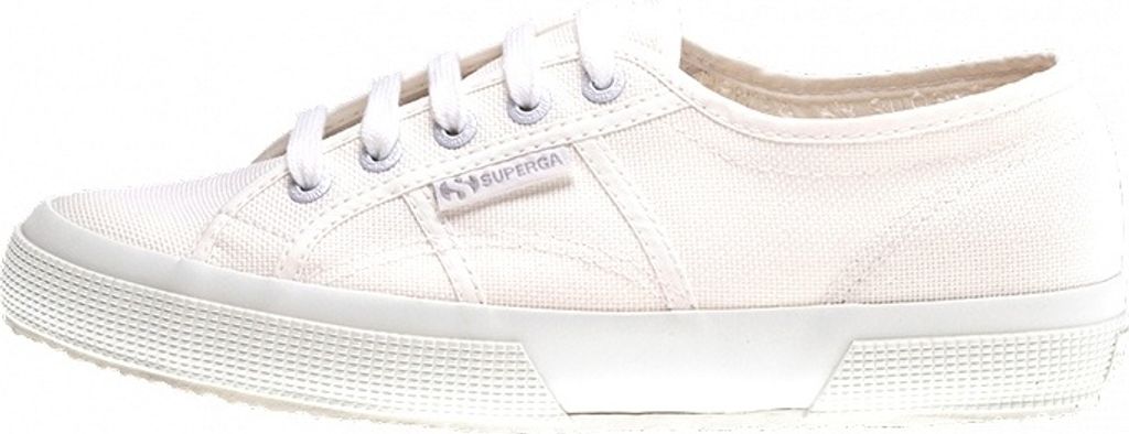 A side view of a white Superga sneaker against a white background.