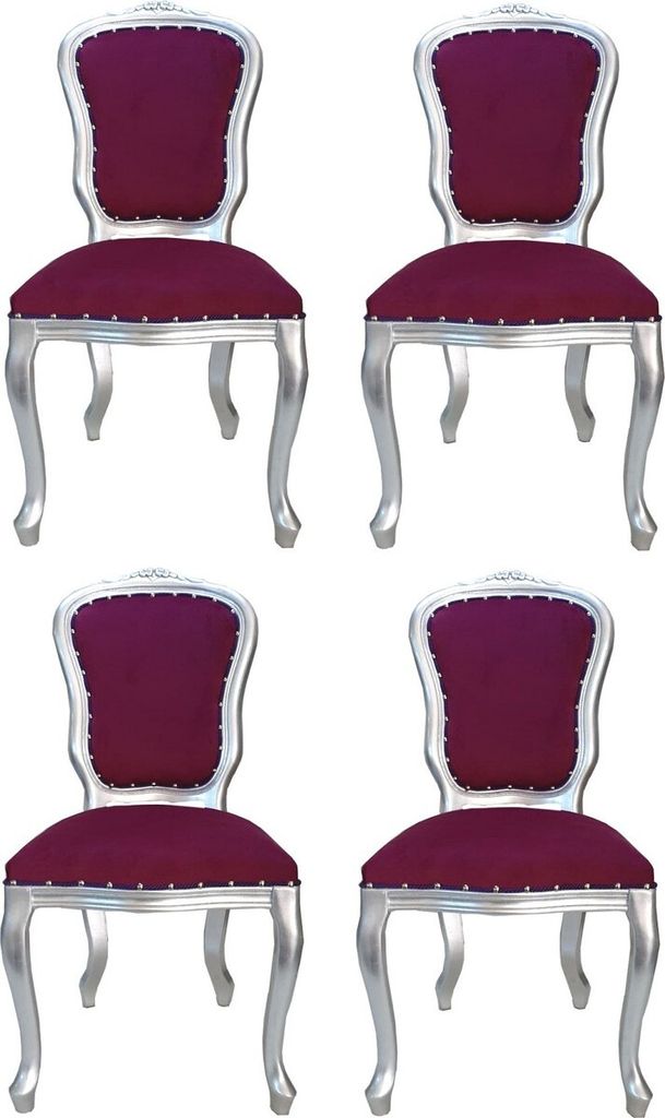 Casa Padrino Luxus Barock Esszimmer Set Louis Lila / Silber 50 x 60 x H. 104 cm - 4 handgefertigte Esszimmerstühle - Barock Esszimmermöbel - Italy