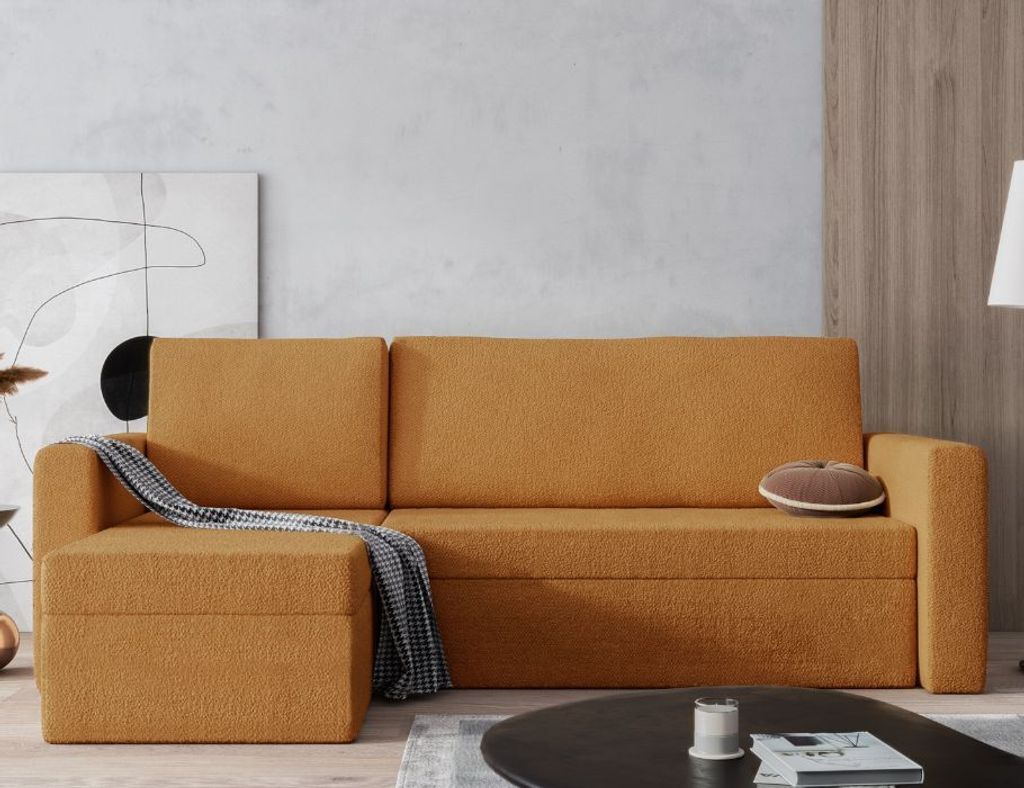Easy4You Senf Ecksofa Senf Kord in L-Form 237x96x143 cm mit Schlaffunktion und Bettzeugbehälter - Schlafsofa mit Bettkasten - Eckcouch mit Staurau...