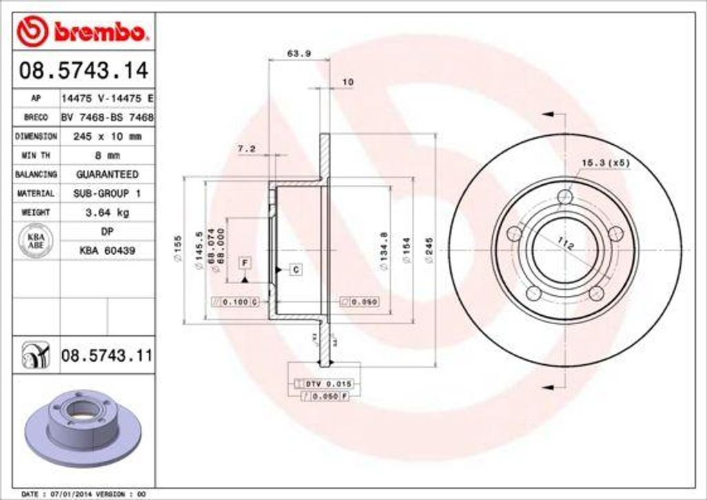 BREMBO 08.5743.11 Bremsscheibe OE 4A0615301A kompatibel mit Passat 3B, Superb, A6 4B, A6 4A