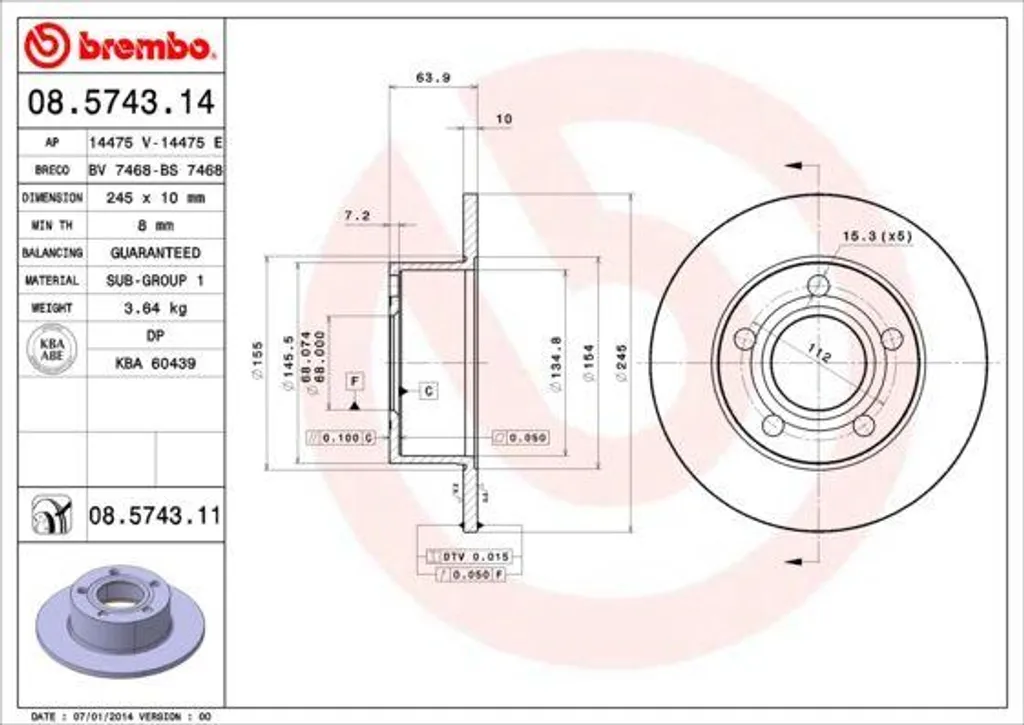 Brembo 08.5743.11 Disque de Frein OE 4A0615301A pour Audi A6 et VW Passat