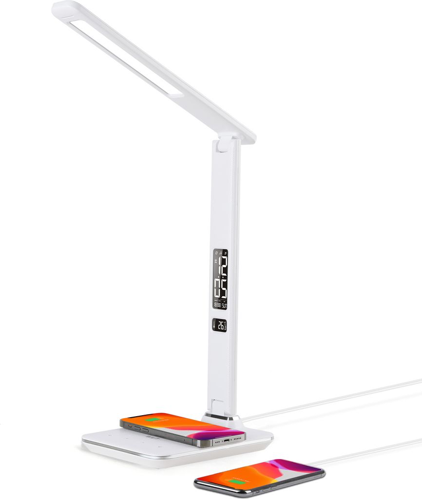 WILIT Schreibtischlampe LED Kabelloses & 10w USB-Ladeanschluss, 5 Helligkeitsstufen,6-in-1-Schreibtischlampe Touch Dimmbar Bürolampe mit Uhr, Temperatur-, Alarm-, Datumsanzeige & Nachtlicht Tischlampe Weiß