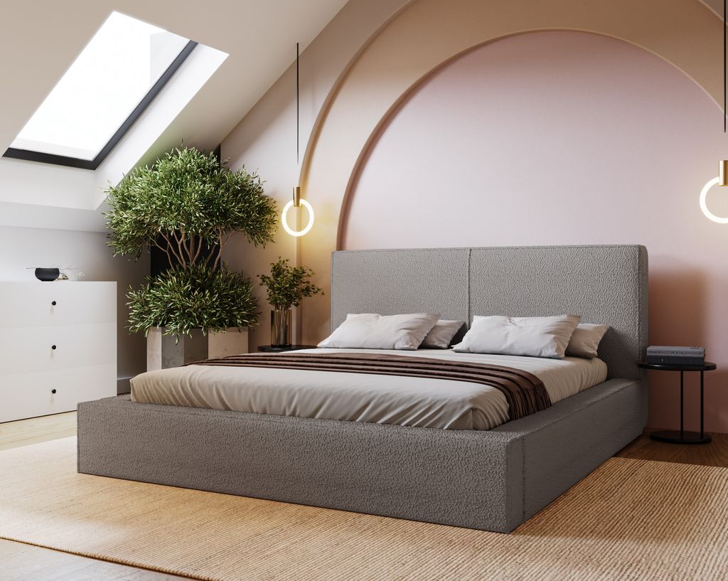 Polsterbett 200x200 cm Morin - Doppelbett mit dicker Schaumstoff - Metall-Lattenrost, Bettkasten inklusvie - Bouclé Hellgrau