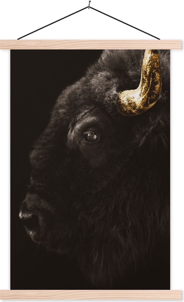 MuchoWow Textilposter Bison - Schwarz - Gold 40x60 cm mit holzfarbenen Rahmen - Poster
