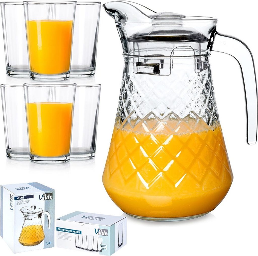 Vilde Glaskaraffe Karaffe Krug aus Glas mit Deckel 1,4 L + Gläser Trinkgläser 6 Stk. 200 ml