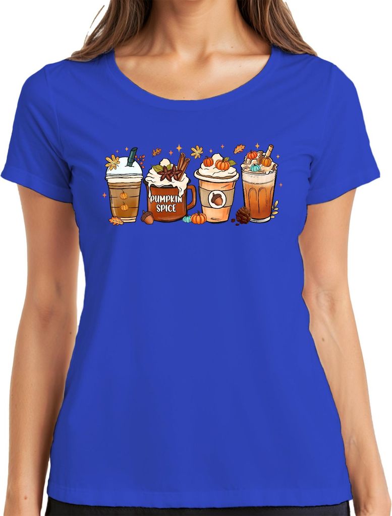 Pumpkin Spice Kürbis Latte Herbst Kaffee Kürbisgewürz Zimtstangen Damen T-Shirt, Blau, S
