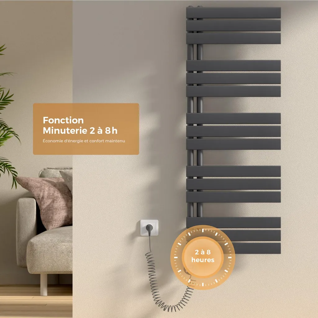 Sèche-serviettes Électrique 600W Anthracite avec Thermostat et Timer