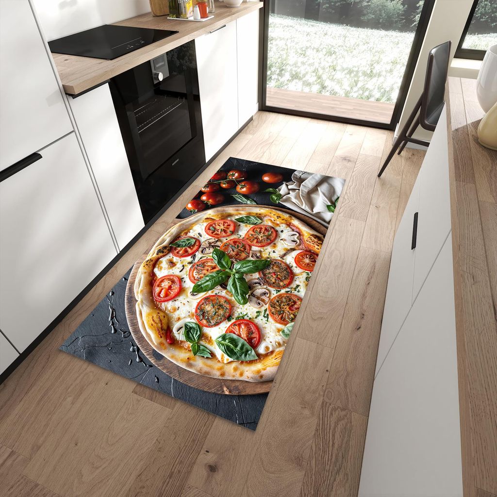 Küchenteppich 90x180cm rutschfest & abwischbar PVC Läufer - Pizza mit Tomaten