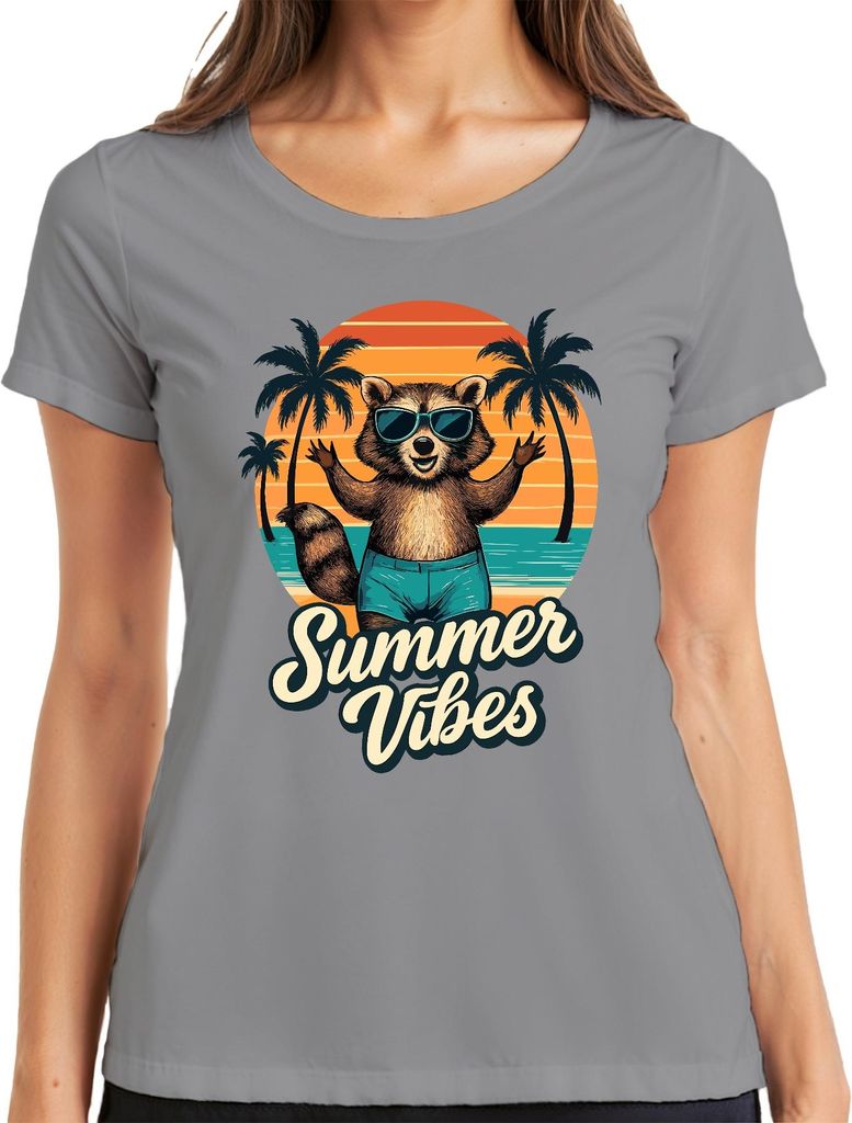 Summer Vibes Waschbär Sonnenbrille Strand Palmen Retro Vintage Damen T-Shirt, Grau, S