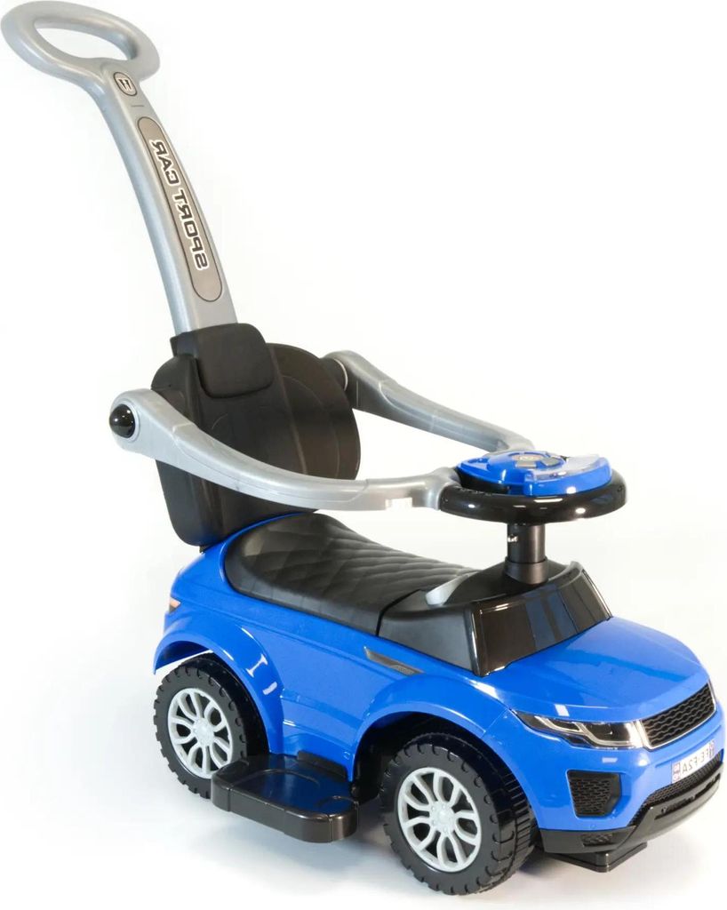 Rutschauto blau mit Schiebestange und Produktbild 