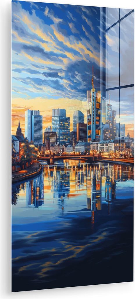 MuchoWow Glasbilder - Bilder auf Wandbild - Foto auf Glas Sonnenuntergang Frankfurt - Stadt - Skyline - Wasser 60x120 cm Wanddekoration aus Glas - ...