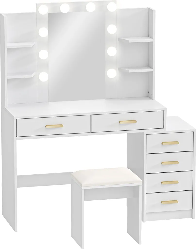 Coiffeuse pour Chambre avec Miroir LED et Siège Rembourré Coloris Blanc