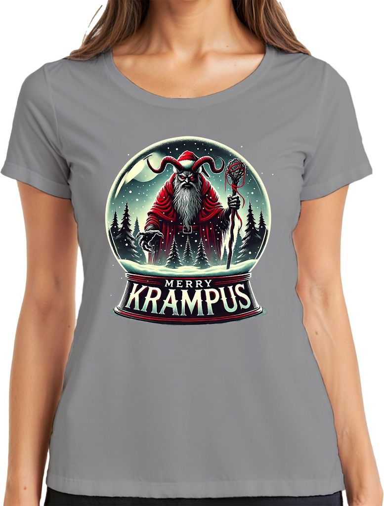 Merry Krampus Schneekugel Hörner Roter Mantel düster Weihnachten Damen T-Shirt, Grau, L