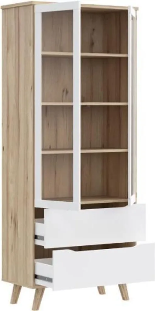 Vitrine Haute VANKKA Design Bicolore Blanc et Chêne 2 Portes Verre