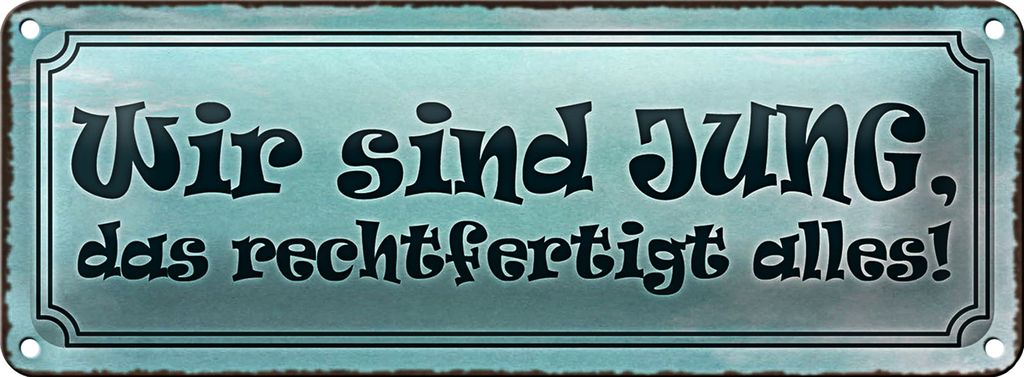 Blechschild Spruch 27x10cm wir jung das rechtfertigt alles Dekoration