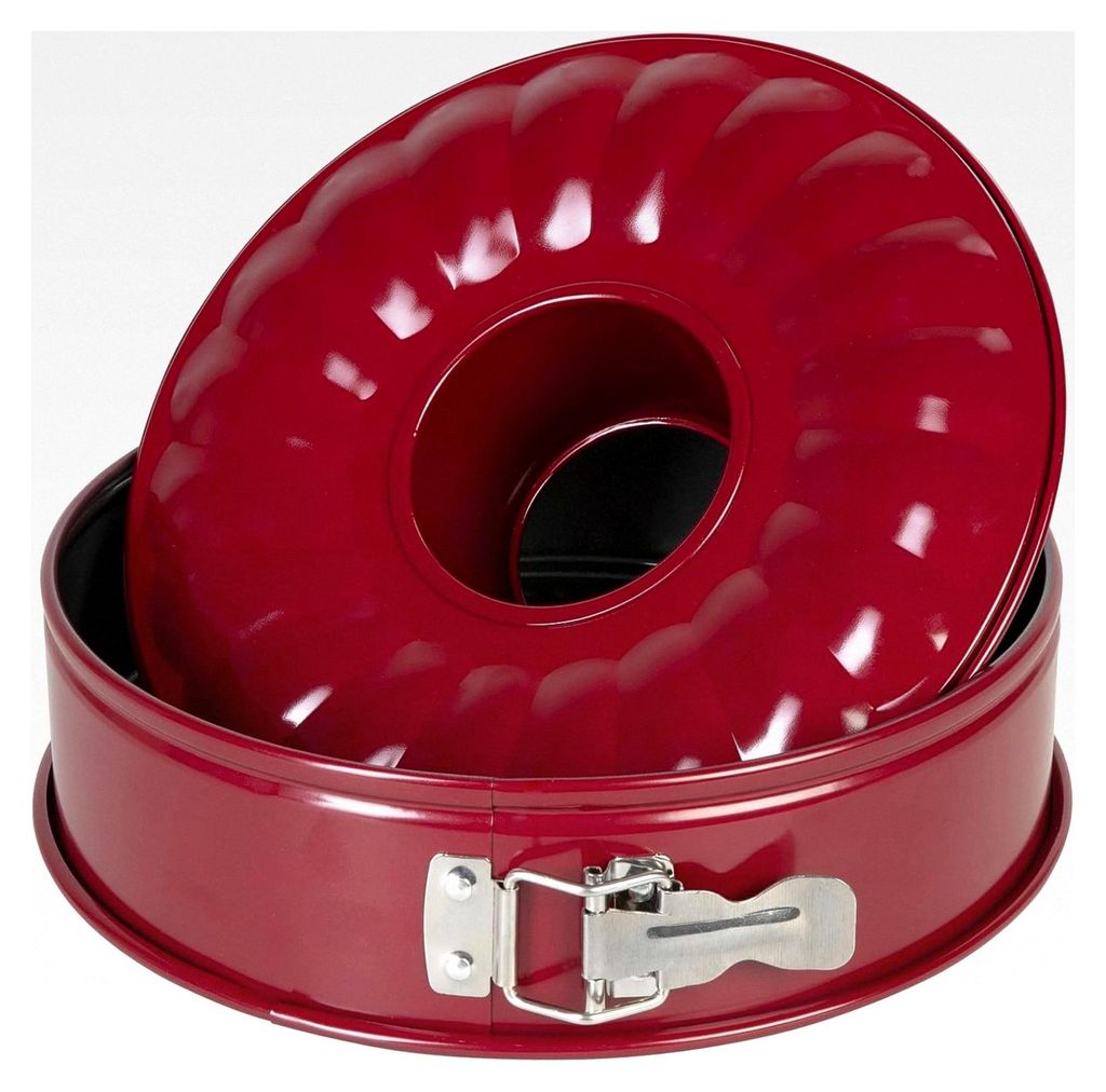 Springform 26 cm, Kuchenform mit Flach- und Rohrboden, 2 Böden, runde Backform, auslaufsicher, antihaftbeschichtet, rot