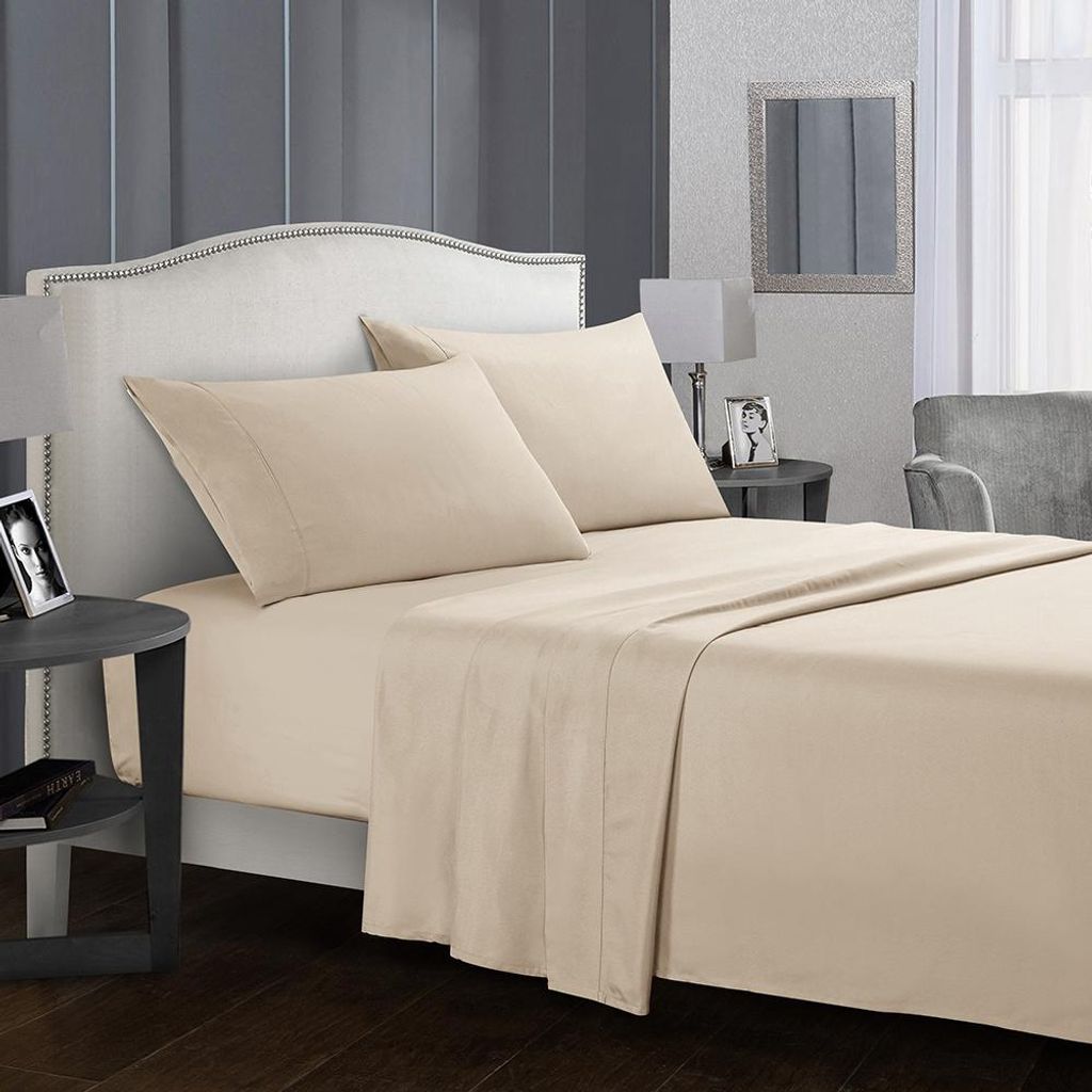 Weiches Bettwäsche-Set, Tagesdecke mit tiefen Taschen, hochwertiges Bettwäsche-Set, Beige, Kingsize, 4-teilig