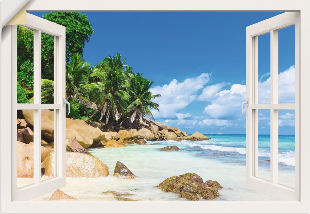 ARTland Wandbild, selbstklebend Küste mit Palmen durchs Fenster Größe: 130x90 cm