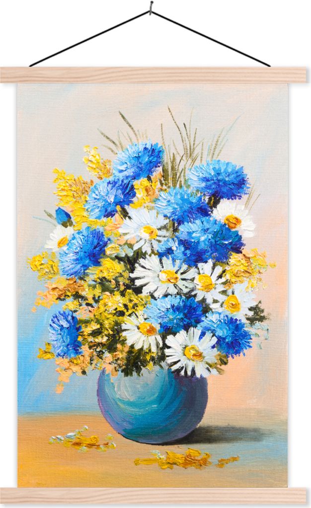 MuchoWow Textilposter Sommerblumen - Ölfarben 60x90 cm mit holzfarbenen Rahmen - Textil