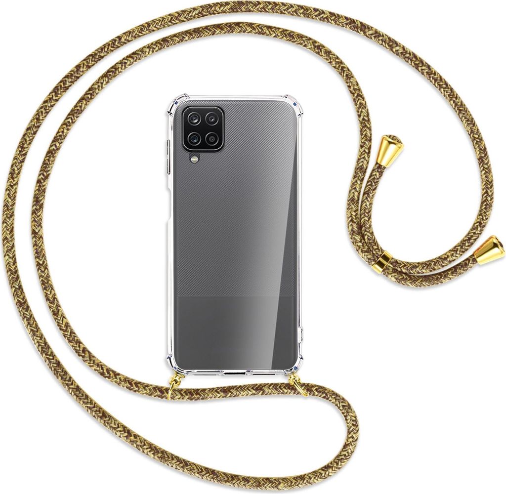 Handykette Backcover-Schutzhülle mit Band (Metall goldfarben) für Samsung Galaxy A12 - braun+beige