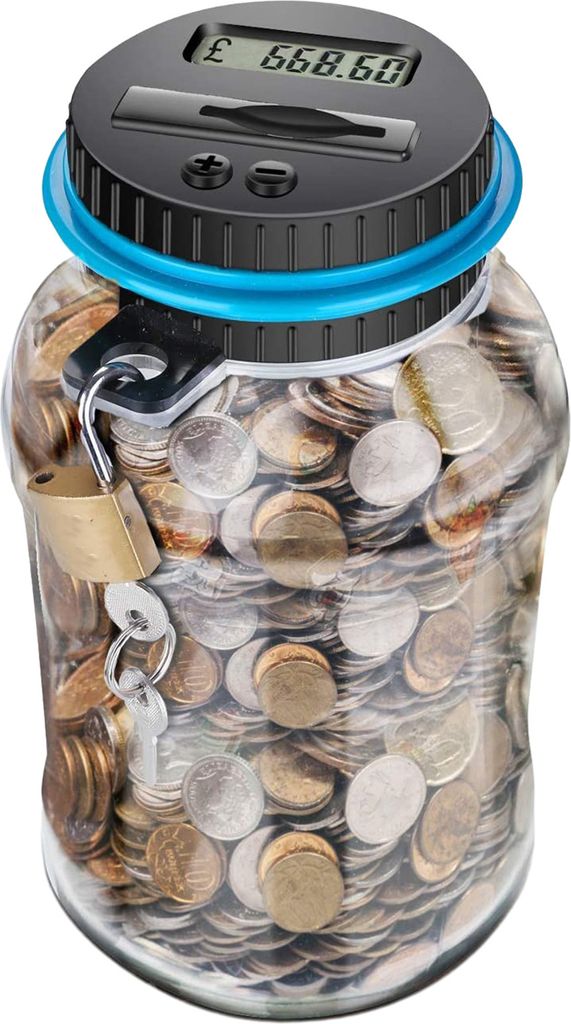 Spardose mit Schloss, LCD-Digitalzähler, 2,5 l Fassungsvermögen, durchsichtiger Kunststoff, sicherer Münzspartopf, Sparschwein, Haushaltswaren