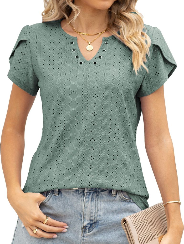 ASKSA Damen T-Shirt Blütenblatt Ärmel Aushöhlen Bluse V-Ausschnitt Sommer Kurzarm Einfarbig Lose Oberteile, Dunkelgrün, XL