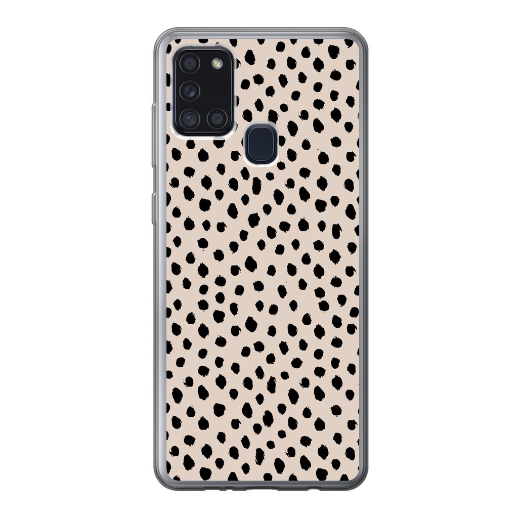 MuchoWow Handyhülle Schutzhülle Hülle für Samsung Galaxy A21s Polka dots - Schwarz - Beige Silikon Softcase Handy Hülle - Hartschale