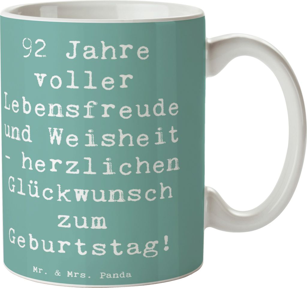 Mr. & Mrs. Panda Teetasse Spruch 92. Geburtstag - Meeresbrise - Geschenk, wertvolle Erfahrungen, Tasse mit Motiv, Happy Birthday, Keramiktasse, Kaf...