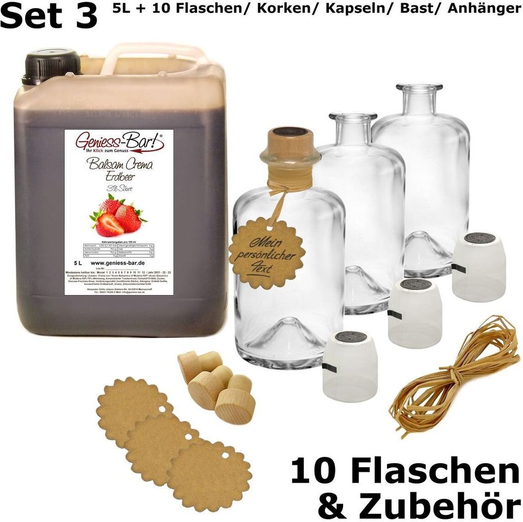 Balsamico Creme Erdbeere 5L +10 Flaschen, Korken, Kapseln, Bast & Anhänger Mit orig. Crema di Aceto Balsamico di Modena IGP