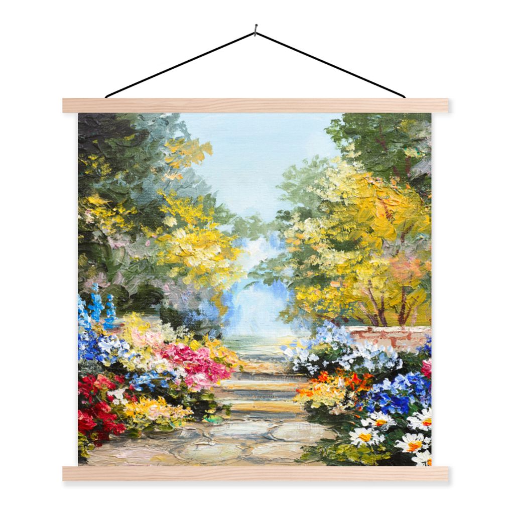 MuchoWow Textilposter Malerei - Blumen - Natur - Ölfarbe 60x60 cm mit holzfarbenen Rahmen - Wanddekoration