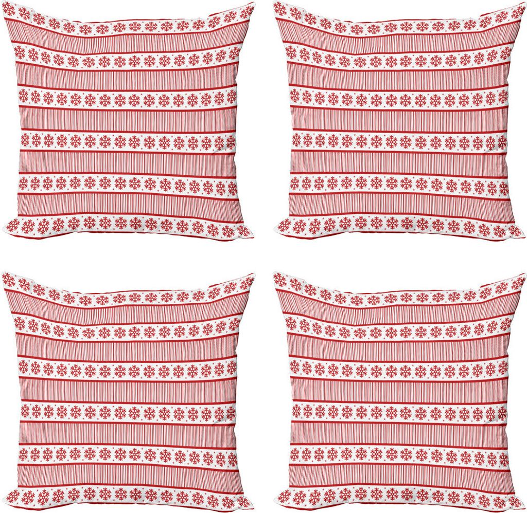 ABAKUHAUS Urlaub Kissenbezug Set (4 Stück), Winter-Schneeflocke Stripes, Moderner Doppelseitiger Digitaldruck, 40 cm x 40 cm, Vermilion und Weiß