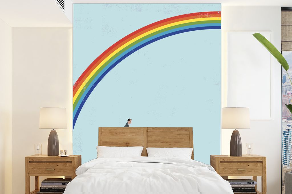 MuchoWow Fototapete für Wohnzimmer oder Schlafzimmer Wandtapete Vinyl Motivtapete Eine Illustration eines Mannes mit einer Schubkarre unter dem ...