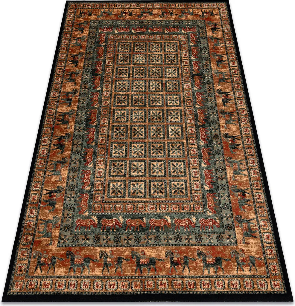 Tapis Oriental en Laine de Qualité 67x130 cm Cadre Beige et Vert