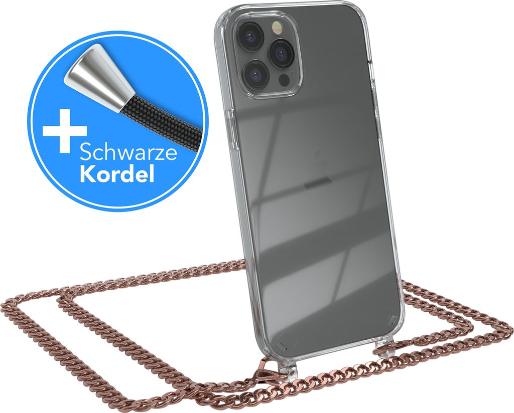 EAZY CASE Metall Handykette für Apple iPhone 12 Pro Max, Handyhülle mit Umhängeband, Silikonhülle, Metallkette für Smartphone in Rosa